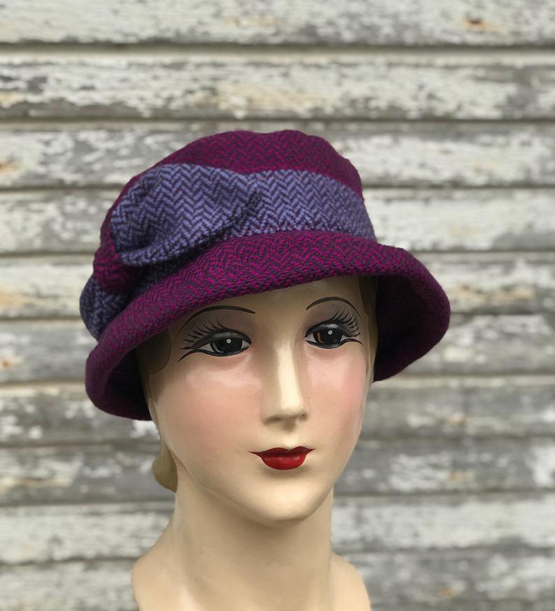 Herringbone Wool Cloche Hat - Handwoven 