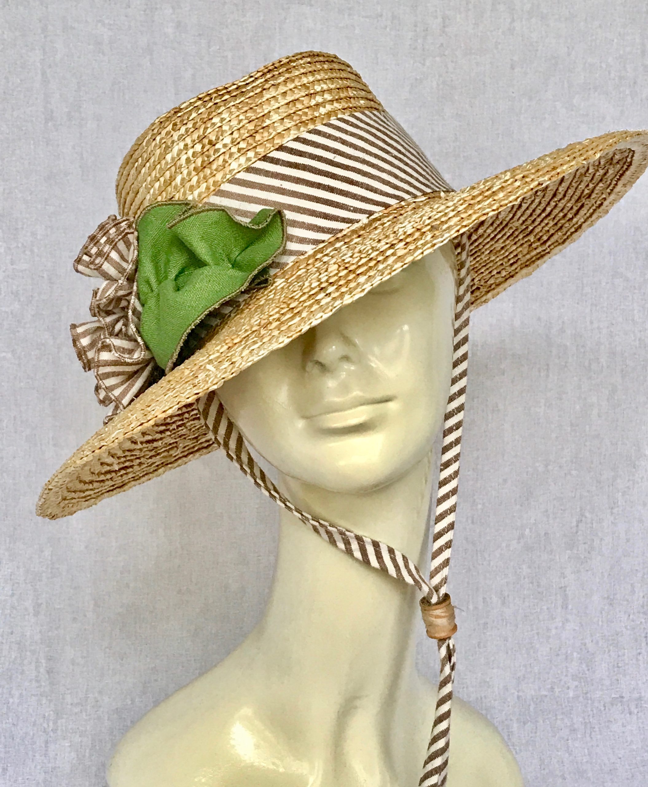 Straw Garden Hat - Wide Brim- Sewn Wheat Straw- Striped Trim- Gita