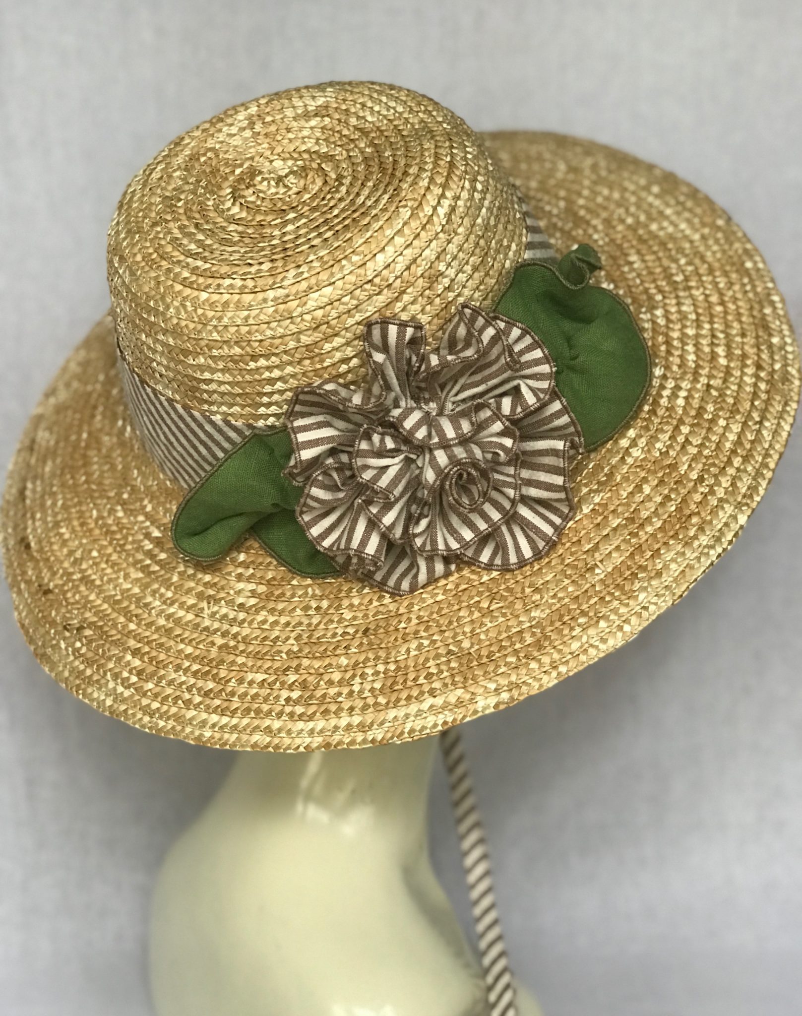 Straw Garden Hat Wide Brim Sewn Wheat Straw Striped Trim Gita