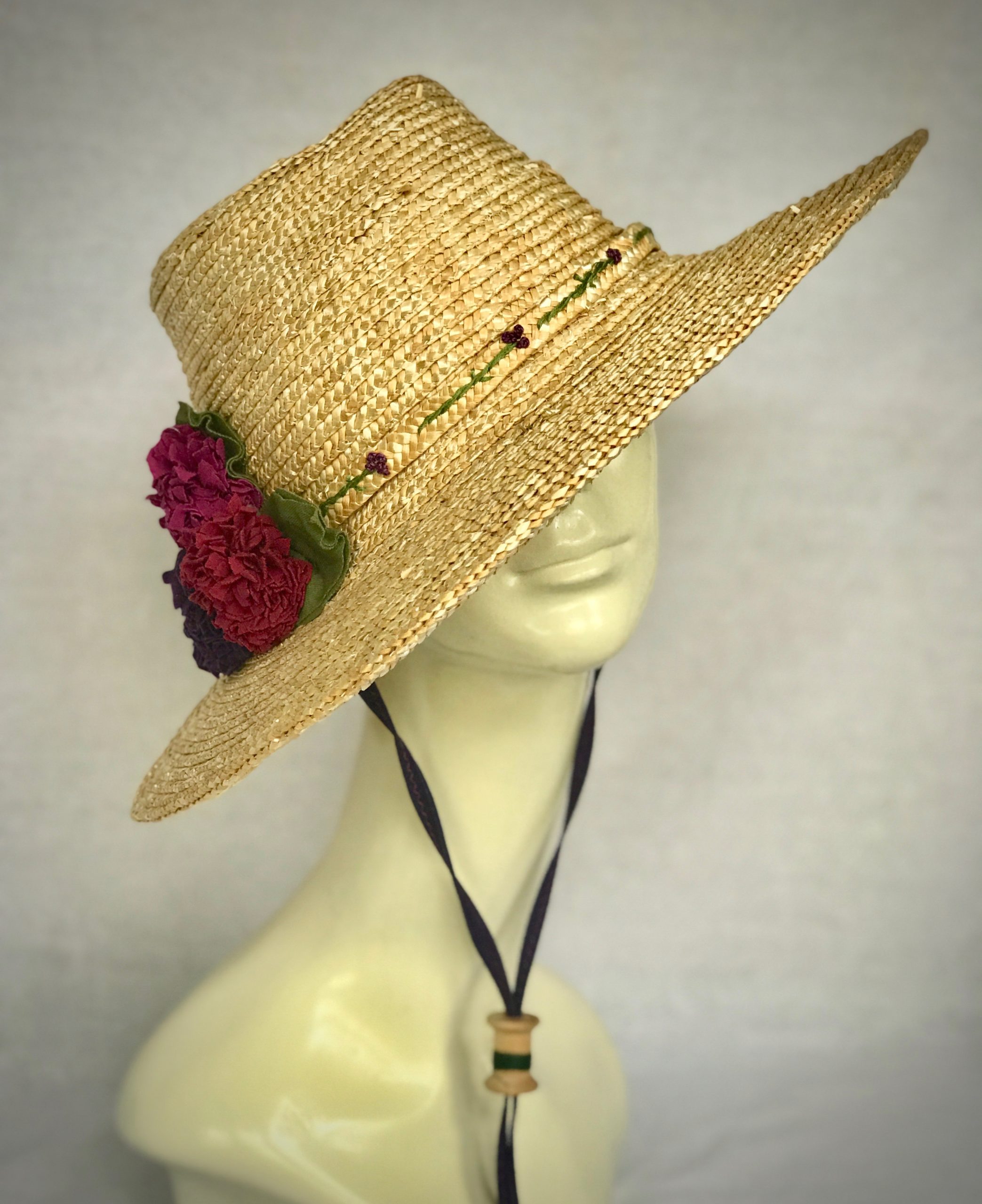 Straw Garden Hat - Wide Brim- Sewn Wheat Straw- Zinnias- Made To Order ...