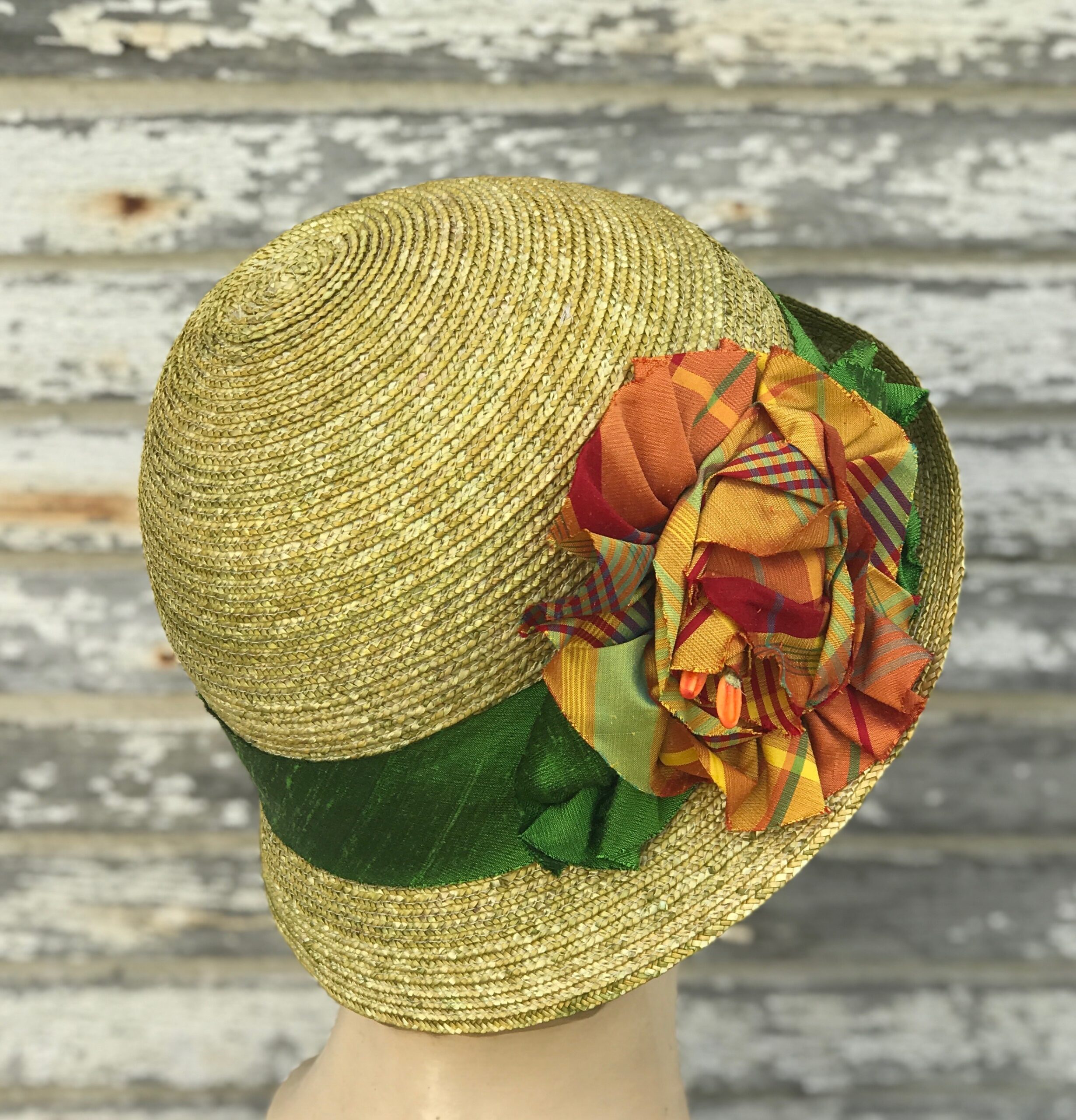 Straw Cloche Hat with Plaid Rose- Extra 
