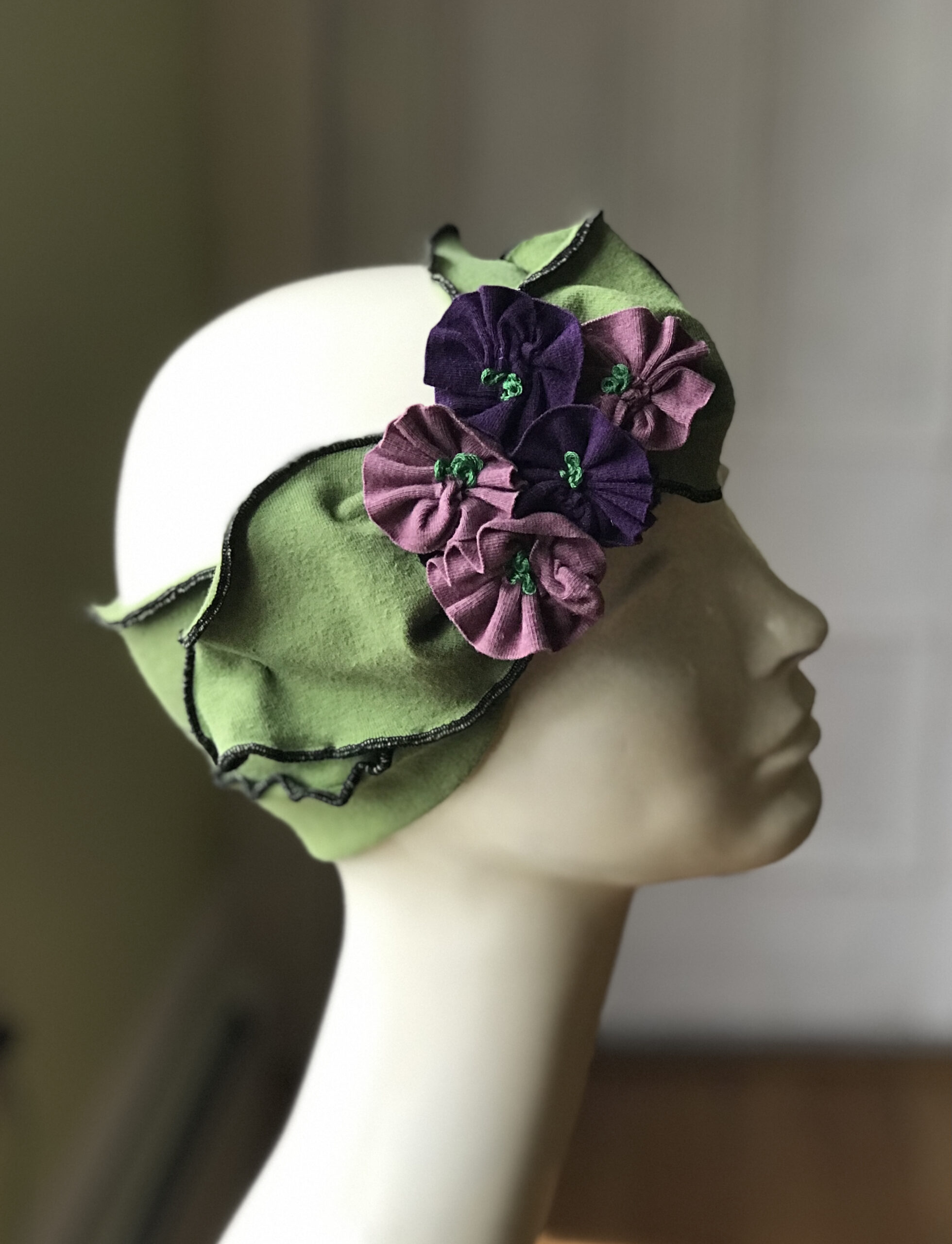 Madeline with Zinnia Flapper Style Headband Purple Organic Cotton and Hemp