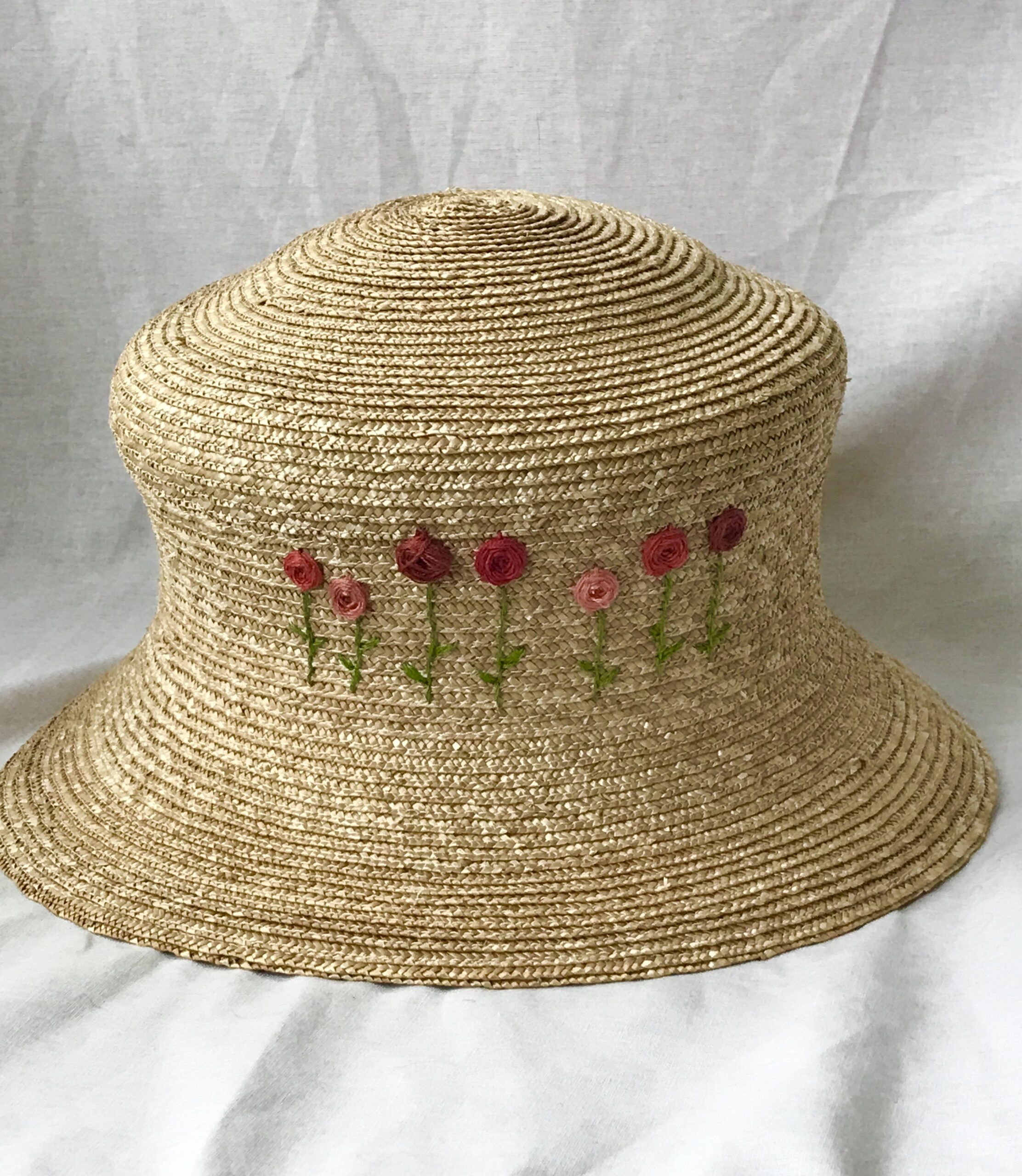 Handmade Straw Braid Hat – Vintage Style, Embroidered Floral 