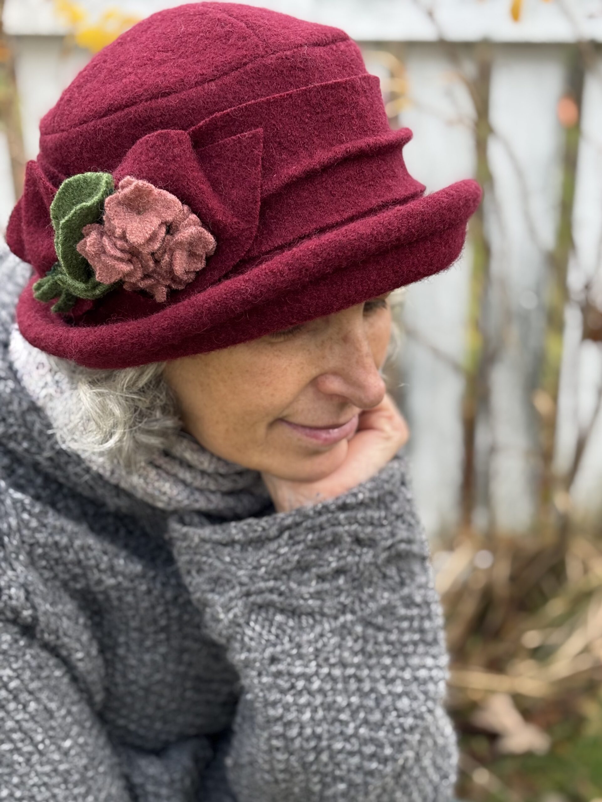 Wool Knit Cloche Hat with Flower Design, Stretchy One Size Fits Most CLOCHE HAT - Multi with Blue and Green Flower main image 3
