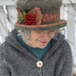 Eliza- Edwardian Style Knit and Felted Hat-Moss Green and Coral-  Ready to Ship- Medium