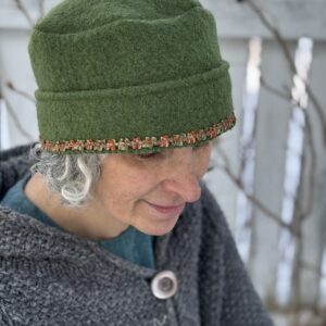 Claire Hat- Green Boiled Wool with Coral Floral Ribbon- Medium/Large- Ready to Ship