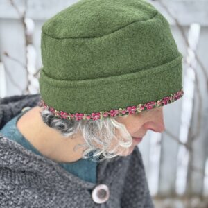 Claire Hat- Green Boiled Wool with Pink Floral Ribbon- Medium/Large- Ready to Ship