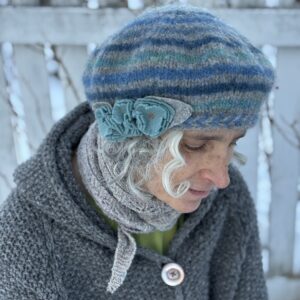 Striped Wool Beret- Blue and Grey- Large- Ready to Ship