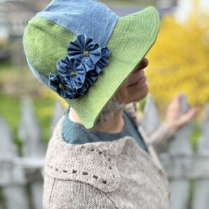 Cotton Canvas Cloche Hat- Indigo and Green- Franny- Size M- ready to ship