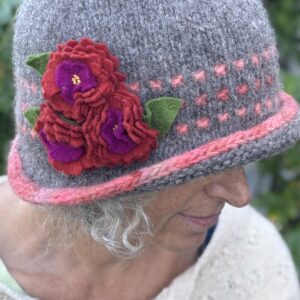 Wool Cloche Hat- Louise- Sheep Shade Grey with Coral- Medium to Large- Ready to Ship